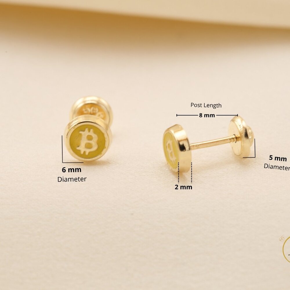 14K Solid Gold Bitcoin Logo Stud Earrings Crypto Luxury Fine Jewelry - Picture 6 of 7